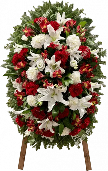 Ритуальный венок из живых цветов (овальный) Гармония, 130 см,  бело-красно на стойке №6