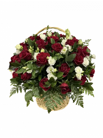 Ритуальная корзина из живых цветов средняя (красно-белая)