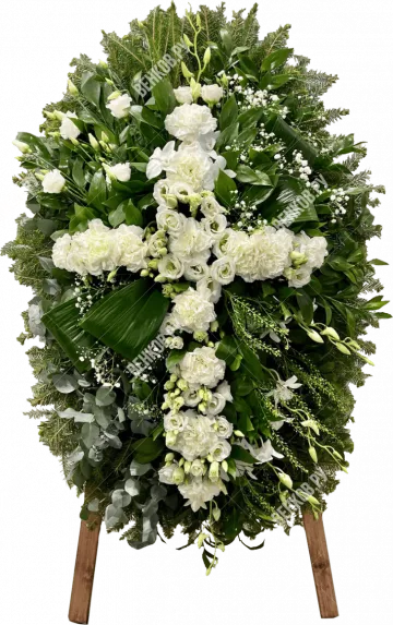 Ритуальный венок из живых цветов (овальный) Гармония, 130 см белый (крест) на стойке №1