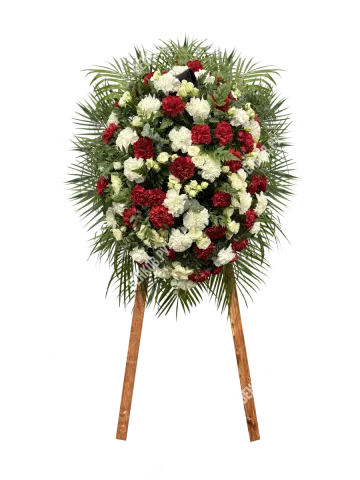 Композиция из живых цветов на стойке красно/белая